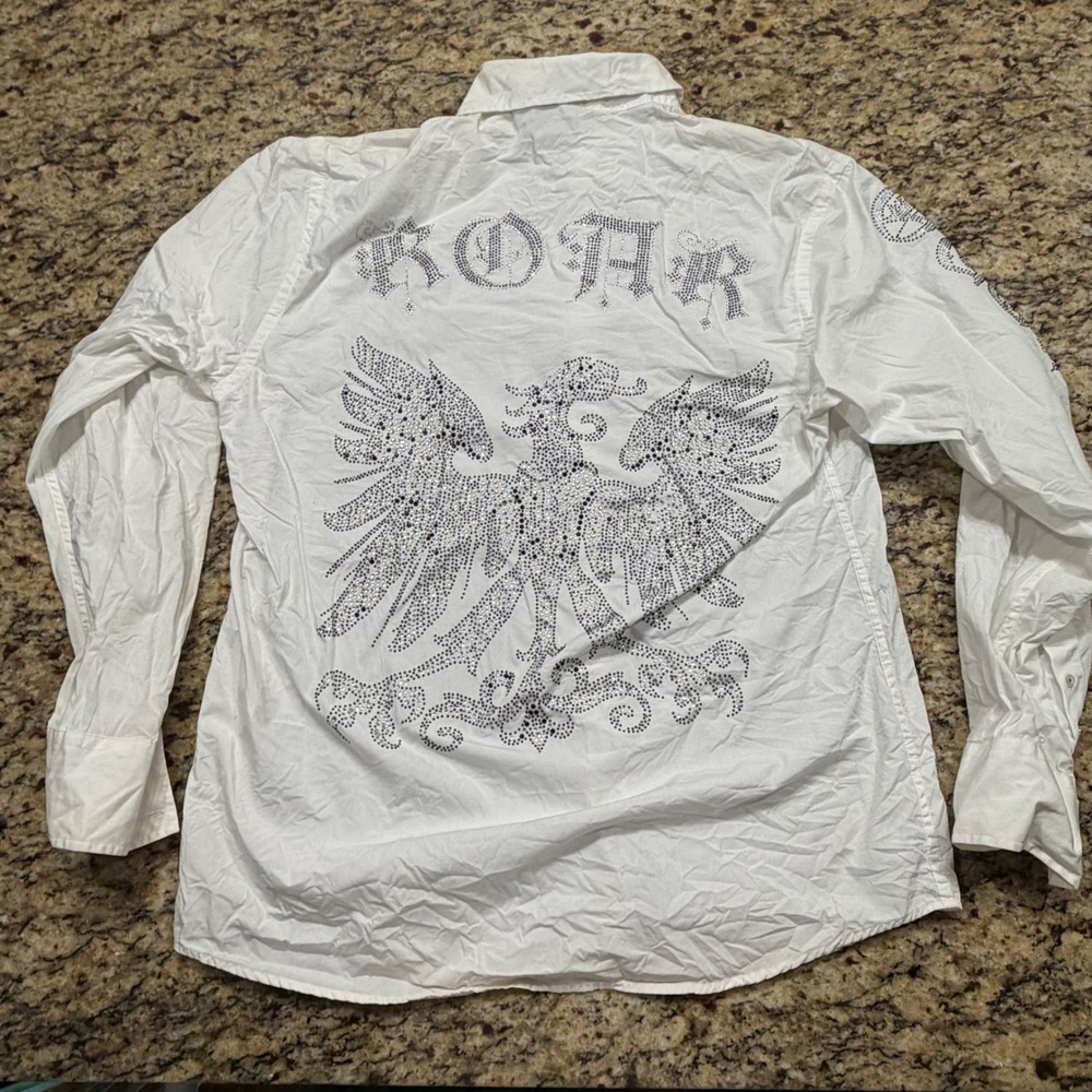 Roar Mens XL White Rhinestone Eagle Bedazzled Button Down Shirt‎ Long Sleeve